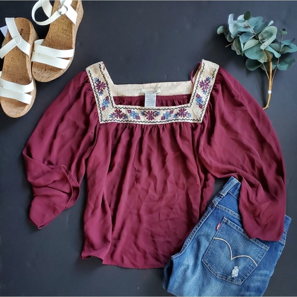 Anthropologie Red Peasent Flowy Blouse